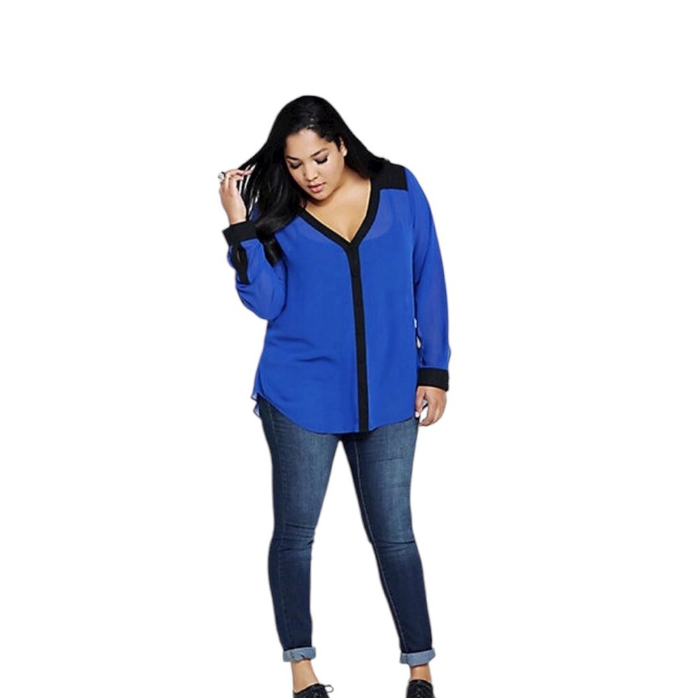 Torrid chiffon blue open drape back top with black accents size 3-3X/22-24